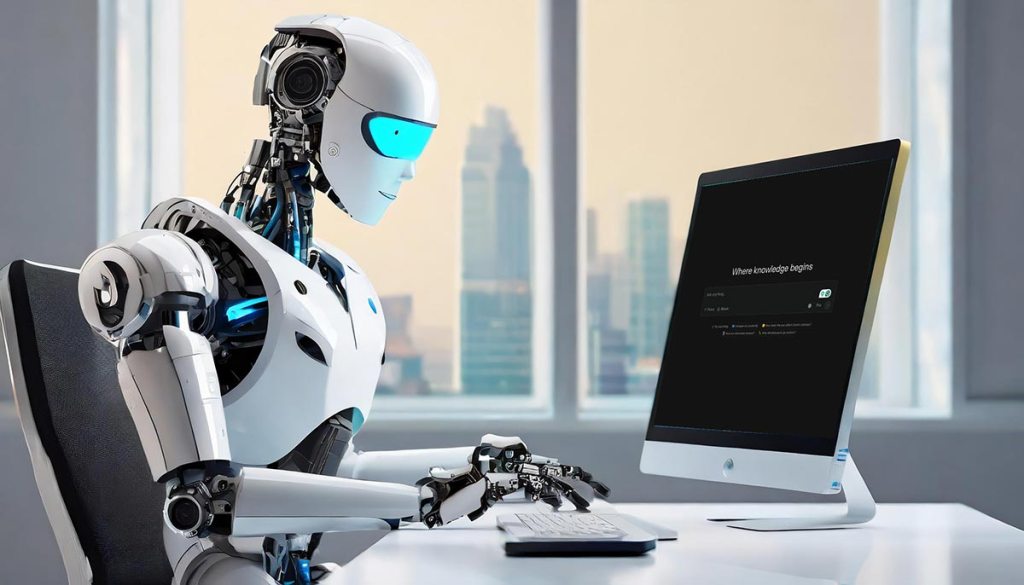 A robot using a laptop with the Perplexity AI search engine on the screen. Image created using Adobe Firefly.